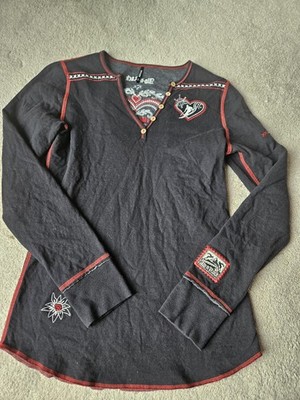 Vintage Alp n Rock Embroidered Henley Long Sleeve Black Red Punk Goth Size 3 M