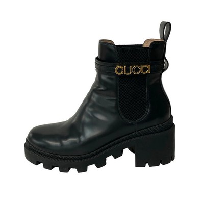 GUCCI 734909 Black Leather Chemical Fiber Women's Boots