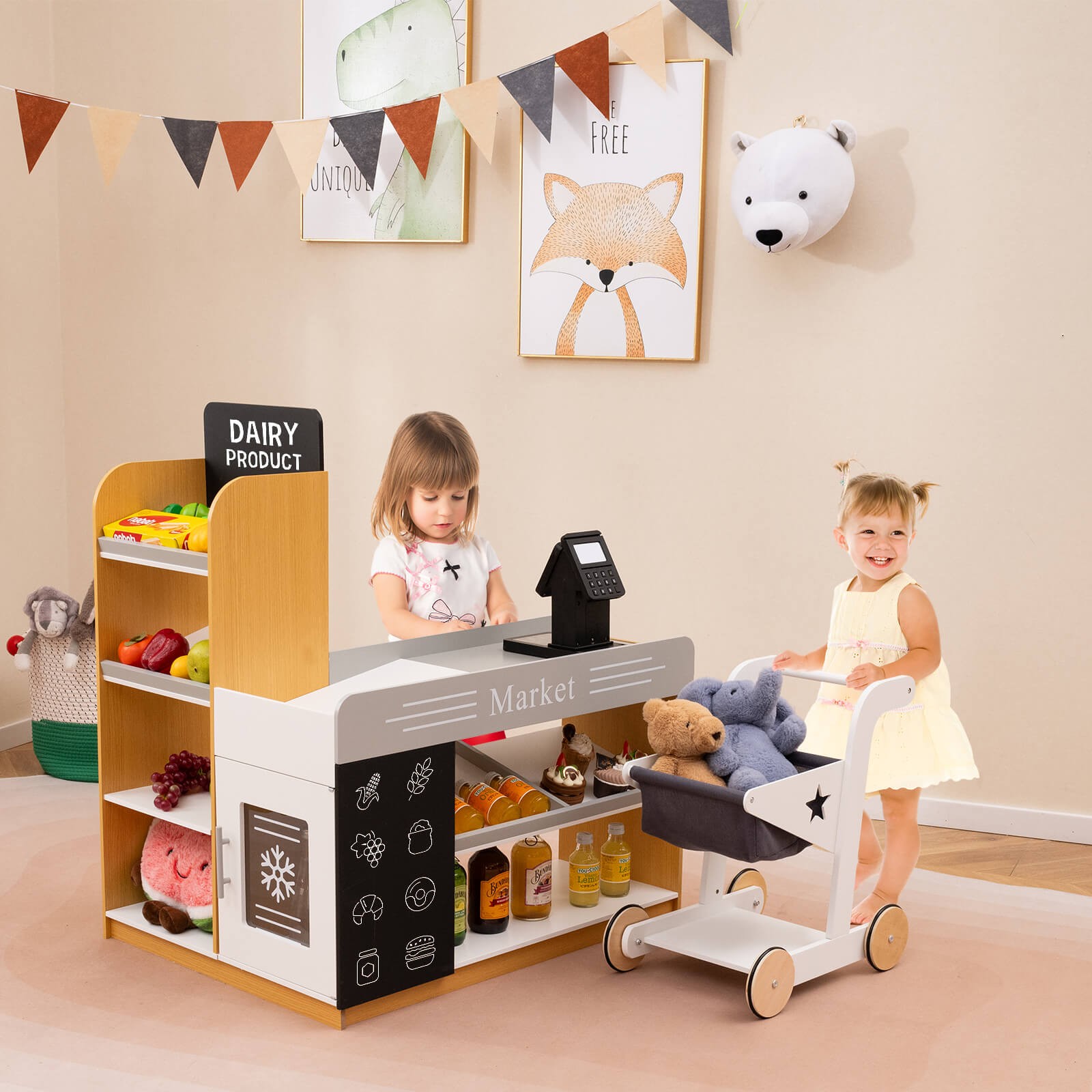 как выглядит Kids Grocery Store w/ Shopping Cart Cash Register Scanner Blackboards Toddlers фото