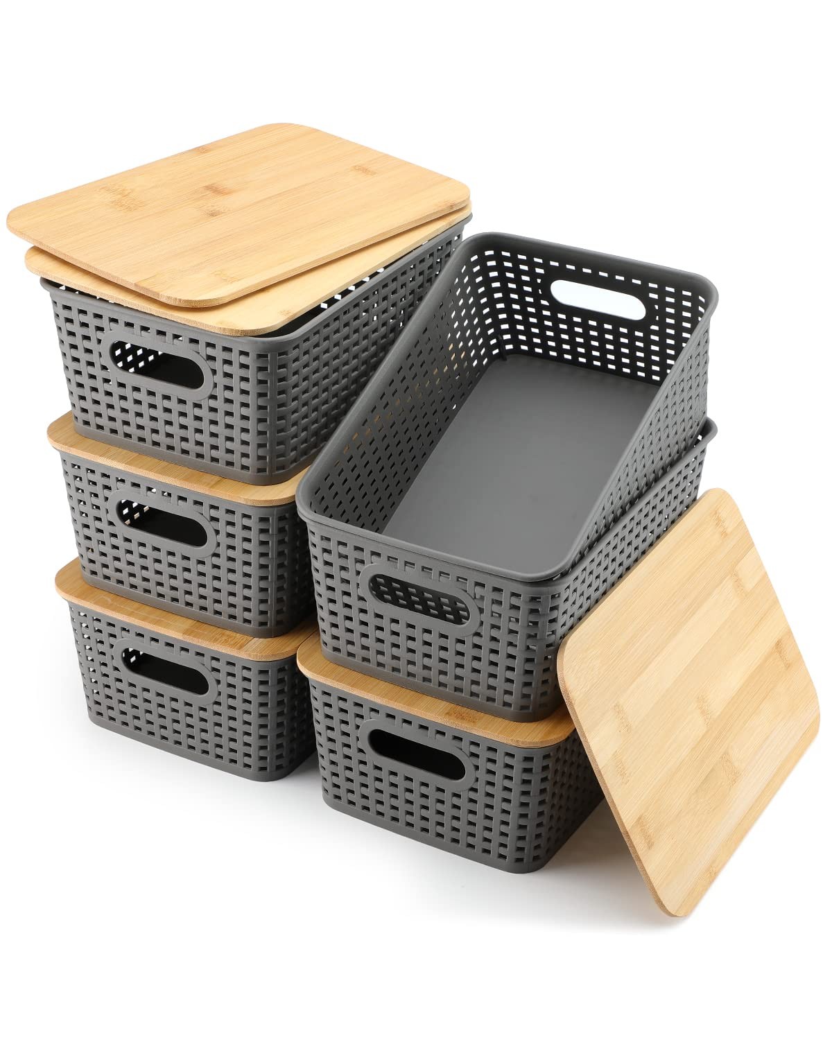 Storage Bins With Bamboo Lids Plastic Lidded Container Baskets for Organizing