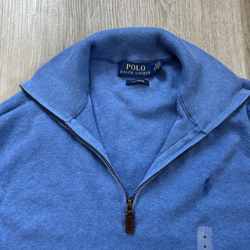 Polo Ralph Lauren maglione uomo blu medio cotone 1/4 zip piccolo pony preppy a costine - Foto 2 di 11