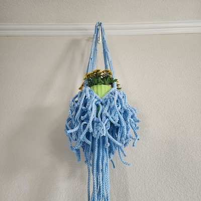Macrame Plant Holder 57'   Sky Blue Knitted Cord Hanging Sling   Nursery Decor