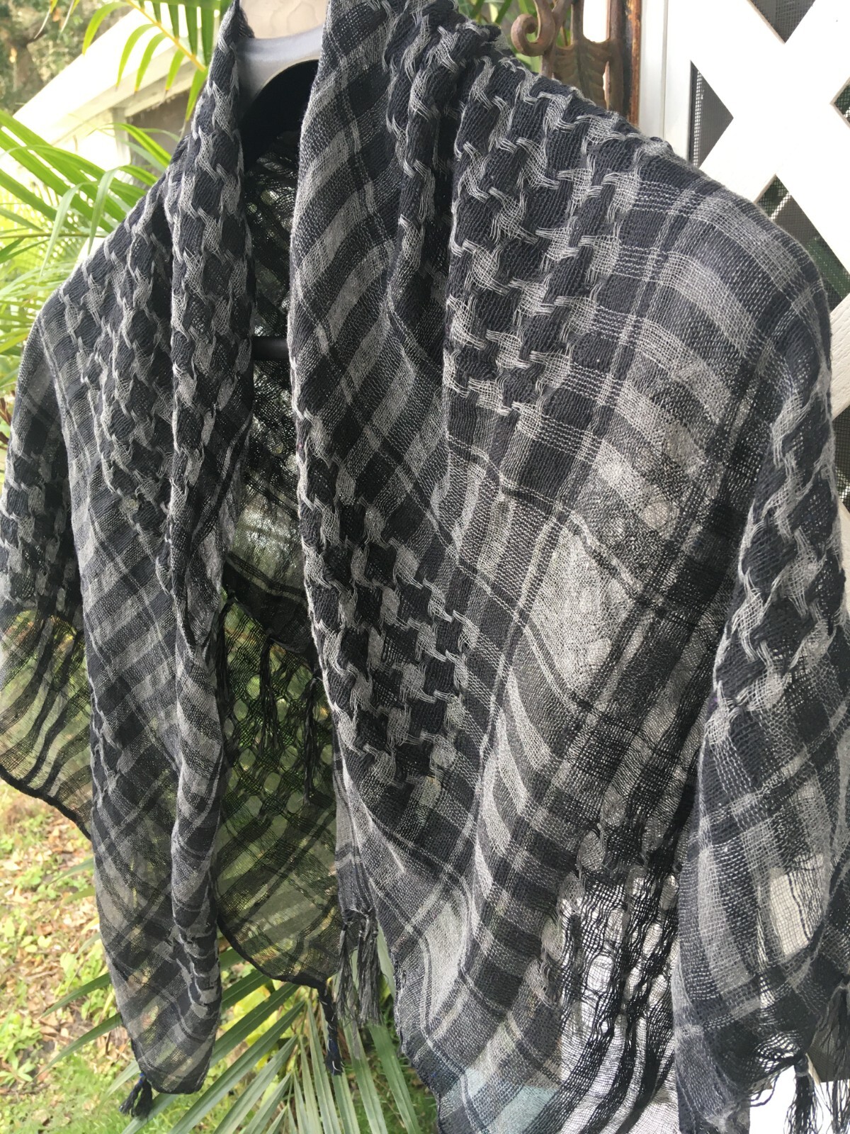 Women's Gray-Black Plaid Square Scarf with Fringe