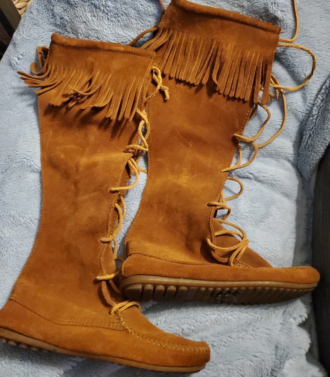 Tall fringe sales moccasin boots