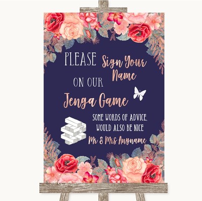 Marineblau Blush Rosegold Jenga Gästebuch personalisiert Hochzeit Schild