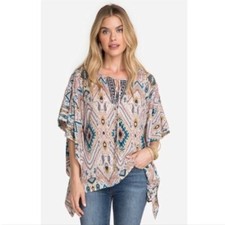 JADE BY JOHNNY WAS 100 Silk Haya Poncho Top Blouse Geometric Print Boho Size S