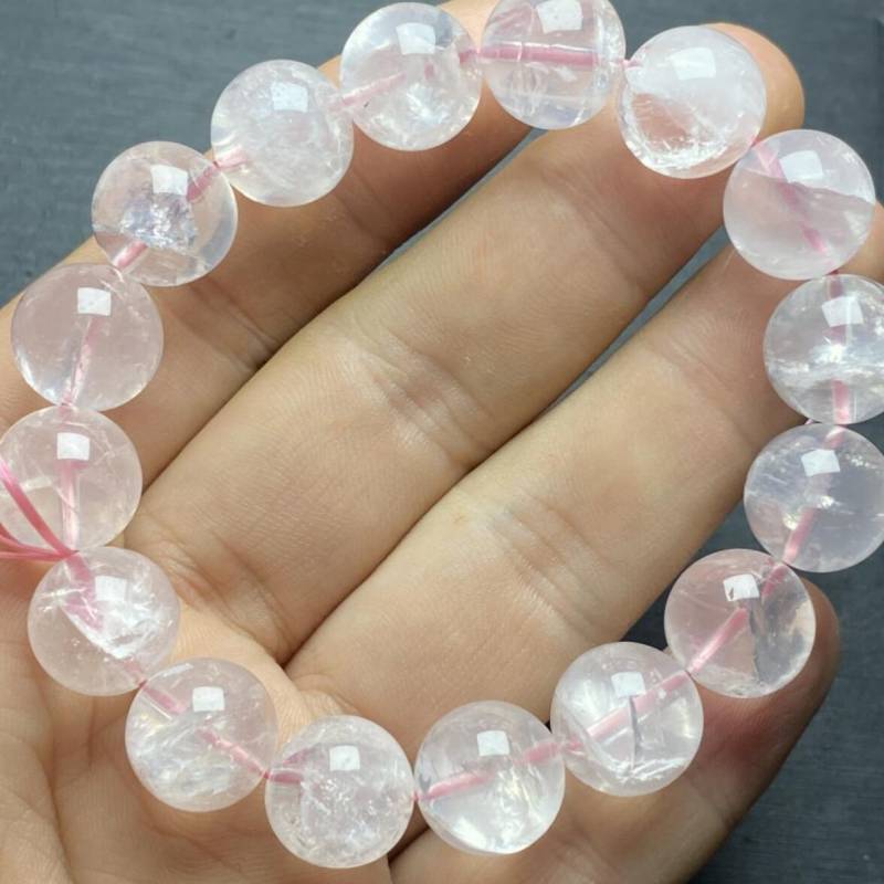 14mm Natural Rainbow Pink Crystal Unisex Cuff Bracelet for Men Zen Party Style