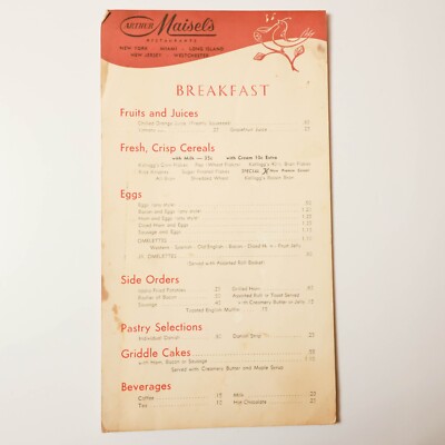 Vintage Arthur Maisel's Breakfast Menu Rare