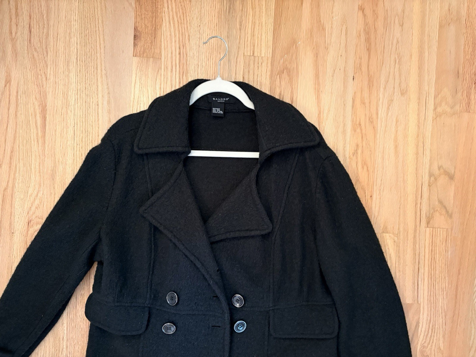 Sandro Wool Pea Coat Gray/Green Women Size Large Mid Length Button Front image 3
