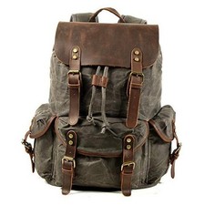 Leather Backpack for Men, Waxed Canvas Shoulder Rucksack Carry-On Grey-regular