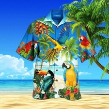 Beach Shirt Parrot Coconut Trees Hawaiian Unisex Aloha S