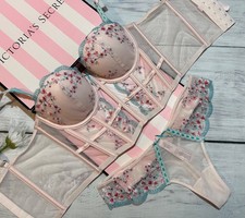 Victoria  s Secret Cherry Blossom Pink Floral Embroidered Bra Bustier Corset Set