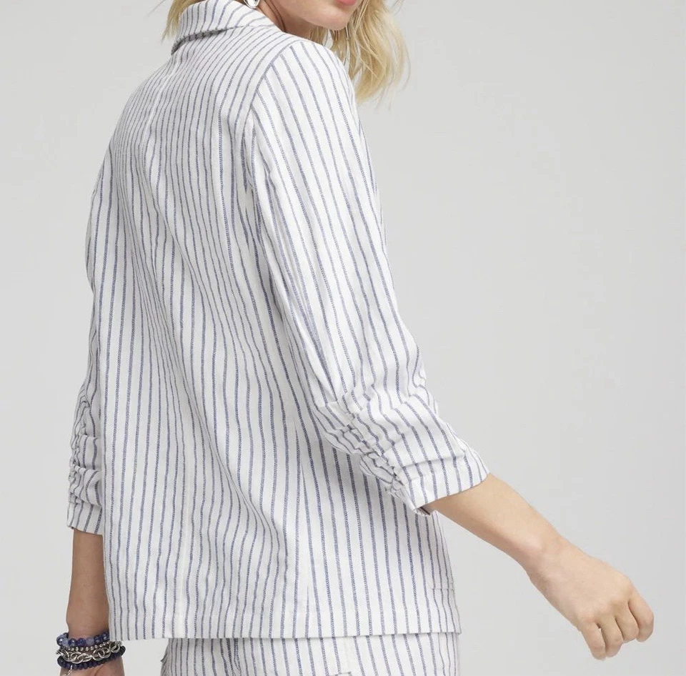 Blazer Chico’s de lino a rayas blanco y azul, talla mediana, forrado, 2 bolsillos, nuevo con etiquetas Foto 3 de 4