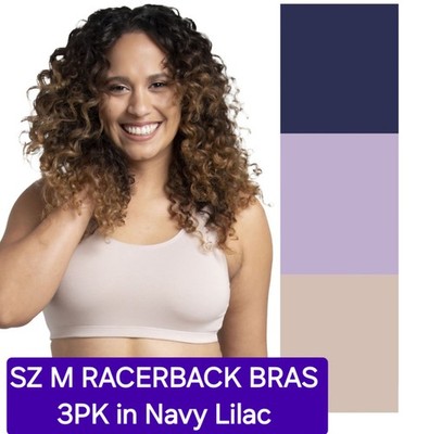 SZ M Fruit of the Loom  RACERBACK 360° BRAS 3PK  Cot/Span in Navy Lilac 