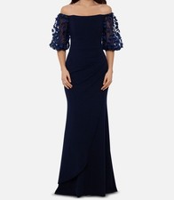 Xscape Women's Blue Off-The-Shoulder Floral-Sleeve Gown Dress Size 4