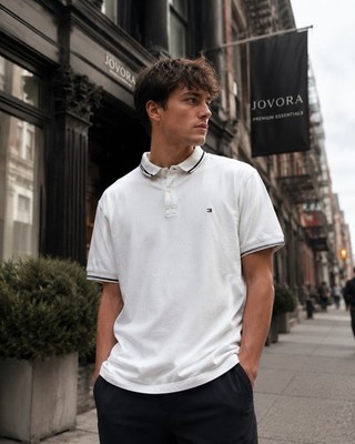 Tommy Hilfiger White Polo Shirt Navy Tipped Collar Size M