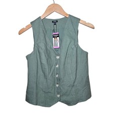 Express Women's Small Green Linen Blend Button Front Vest V-Neck NWT
