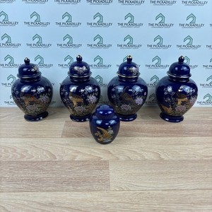 5pc Cobalt Blue Peacock Ginger Jars Peony Floral Chinoiserie Temple Jar Set