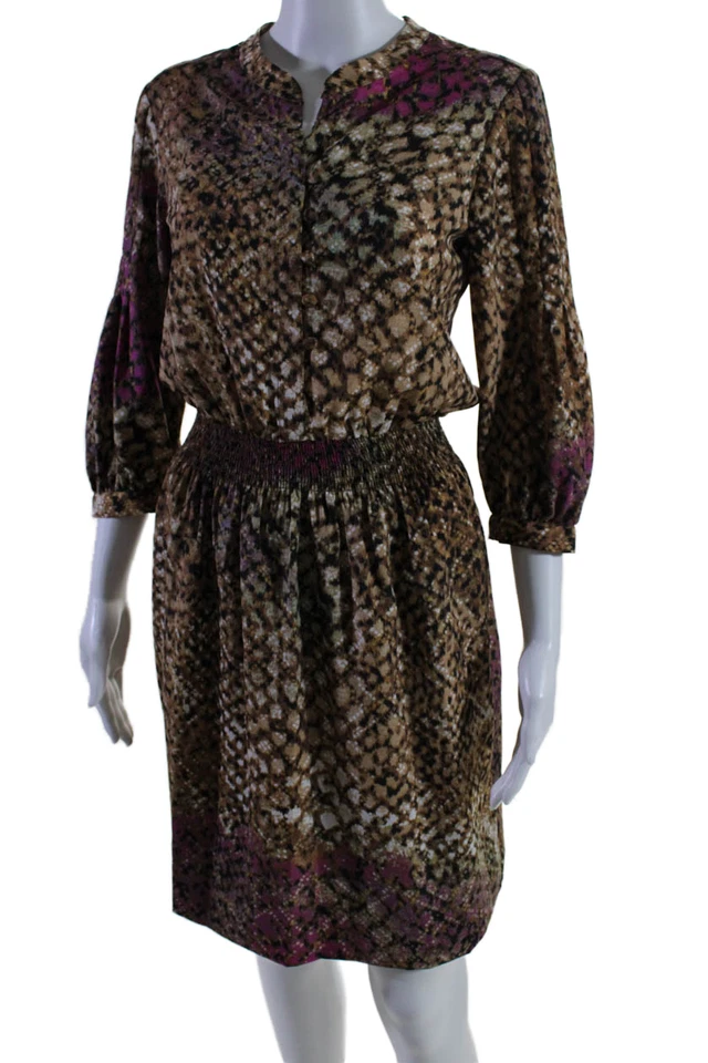 Eliza J Womens Brown Printed V-neck 3/4 Sleeve Smocked Shift Dress Size 2 - Image 2 of 4