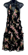Foxiedox Womens Black Floral Ruffle Halter Dress Small Backless Party Summer New