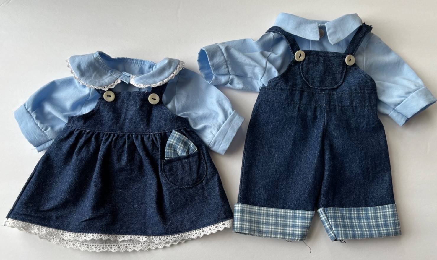 Vtg Denim Bib Overalls & Skirt w Blue Shirts Twin 15" Baby boy girl doll Clothes