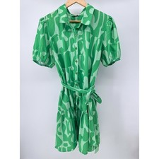 Umgee Womens Abstract Print Belted Green Color Shirt Dress  Puff sleeves Large
