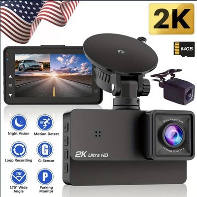3'' Ultra HD 2K Dash Cam Front & Rear Motion Detect Dual Dash Camera W/ 64G Card
