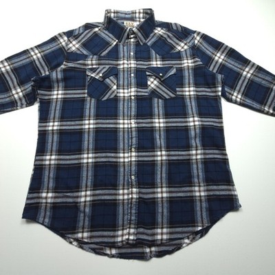 Ely Cattleman Mens Shirt 2XL Blue Plaid Flannel Western Pearl Snap Cowboy Casual