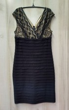 Adrianna Papell Black Lace  Pleated Sheath Dress, V-Neck, Size 14, back zip