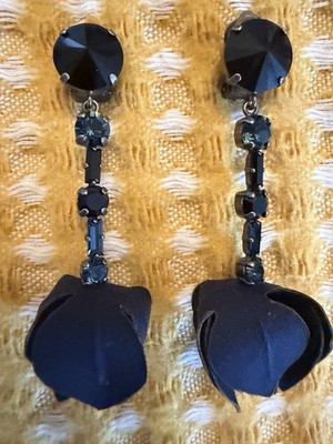 Marni Earrings Clip on Dark Blue / Black Rhinestones Crystals With Fabric Flower