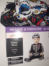 Dia De Los Muertos Sugar Skull Infant Size 6-12 Months Costume Jumpsuit Cap NEW
