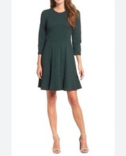 Eliza J Green Jersey Knit Skater Dress Gold Zipper Back 3/4 Sleeve Size 16