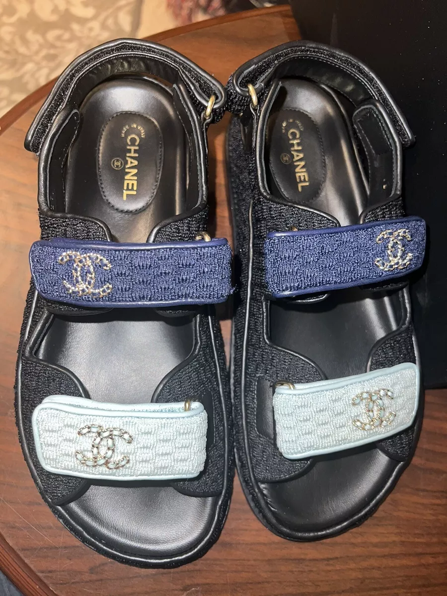 Chanel Light/Dark Blue Knit Fabric Velcro Dad Sandals sz 38