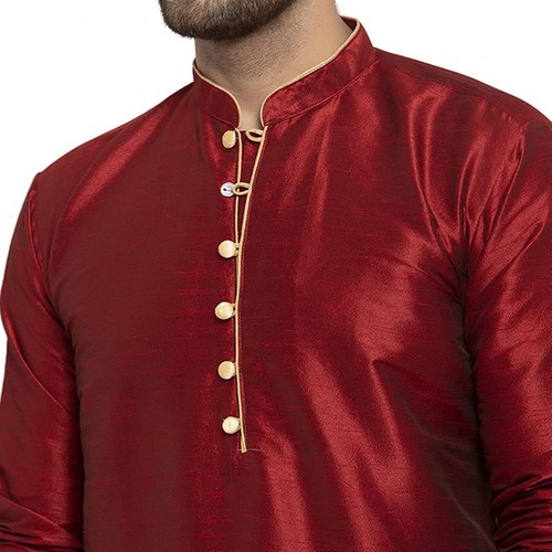 Traditional Plain Full Sleeve Silk Kurta Pajama Regular Fit Party Were For Mens - Picture 32 of 66