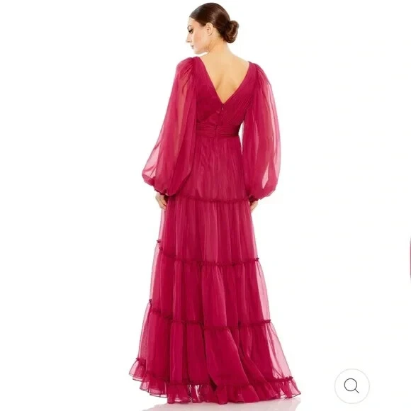 Mac Duggal Berry оборки ярусный длинный Puff чистый рукав трапеции платье размер 24 $598 - Изображение 2 из 3