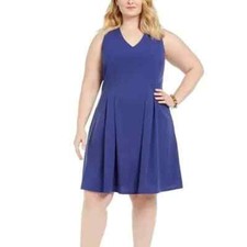 Teeze Me Juniors' Plus Double V-Neck Fit & Flare Dress, Cobalt Blue, Sz. 22