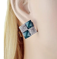 Square Dark Green Pattern Austrian Crystal Rhinestone Stud Earrings Gold E161