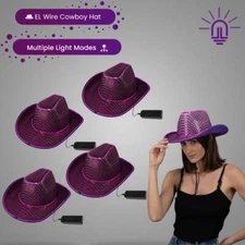 LED Flashing EL Wire Purple Sequin Cowboy/Cowgirl Party Hat - Pack of 4 Hats