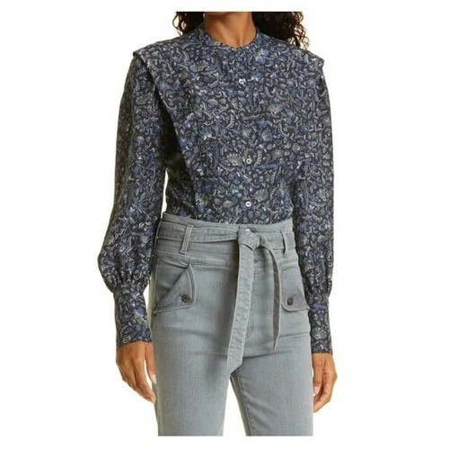 Veronica Beard Drela Silk Button Down Blouse Blue Floral Ruffles Size 2 - Picture 2 of 10
