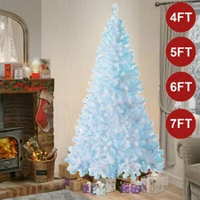 White Christmas Tree with Blue LED Lights Bushy Pine Xmas Decoration Metal Stand