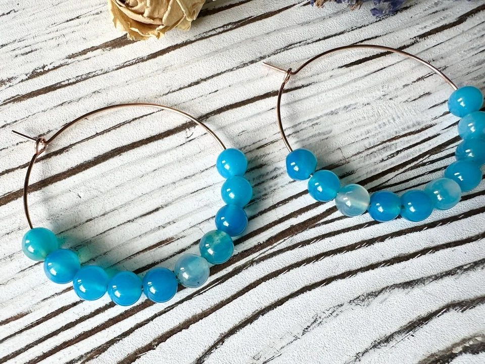 Larimar Hoop Earrings, Larimar Bead Gemstone Peace Relaxation Stone Earrings - Image 3 of 4