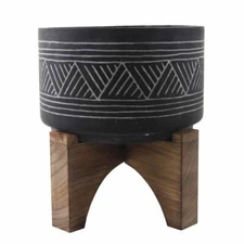 Flora Bunda Modern Concrete Mid Century 7" Black Cement Mountain Pot Wood Stand