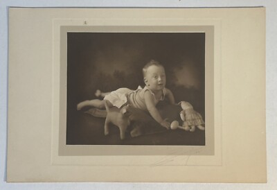 Antique Photo Adorable Baby Playing Toys Bunny Rabbit Kitty Cat Plush