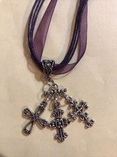 NEW Tibetan Silver Multi-Charm Cross Religious Purple Ribbon Organza Necklace
