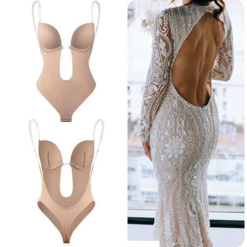 Backless Push Up Bra Deep Plunge Thong Full Body Shaper Clear Straps Convertible