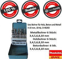Makita Satz Bohrer FüR Holz, Beton Und Metall 3-10 Mm 18-Tlg D-46202 Metall-Box⭐