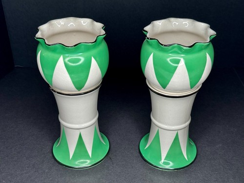 VTG Japan Art Deco 1920's Set of 2 Vases/2 Bowls or Pedestal Vases Green & White - Picture 5 of 19