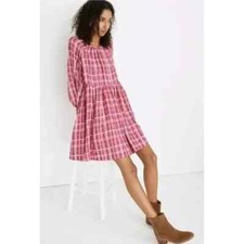 Madewell Dress Size Medium Babydoll Pink Plaid Shirred Mini Gauzy 3/4 Sleeve NEW