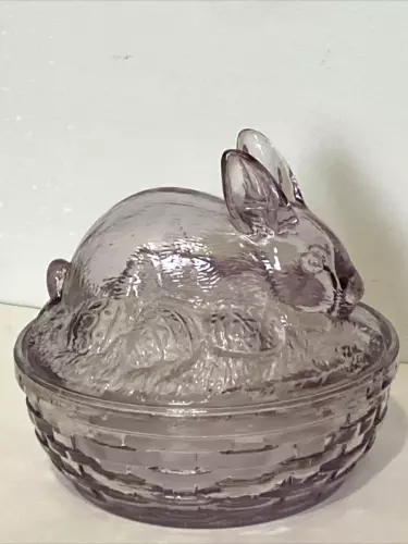 2004 Retired Longaberger Bunny Rabbit Nest Dish Lavender Glass Covered Dish