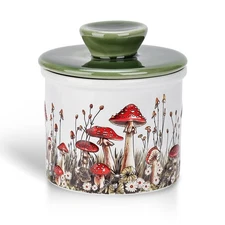Mushroom Butter Crock - French Style Ceramic Keeper and Dish with Lid Red